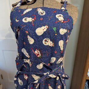 Whimsical Blue & White Snowman Bib Apron Christmas Cheer Holiday Double Pockets